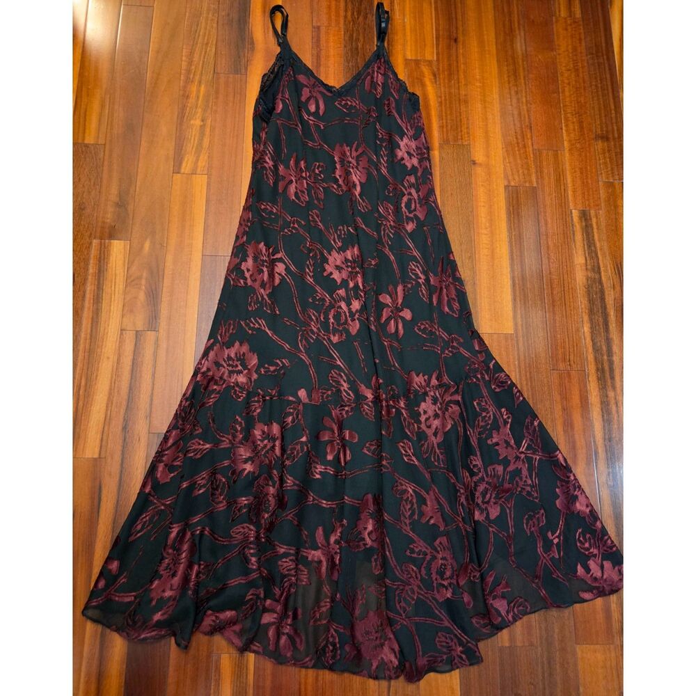 Vintage 90s Whimsigoth Black and Red Velvet Burnout 2-piece Maxi Dress Shrug Set
